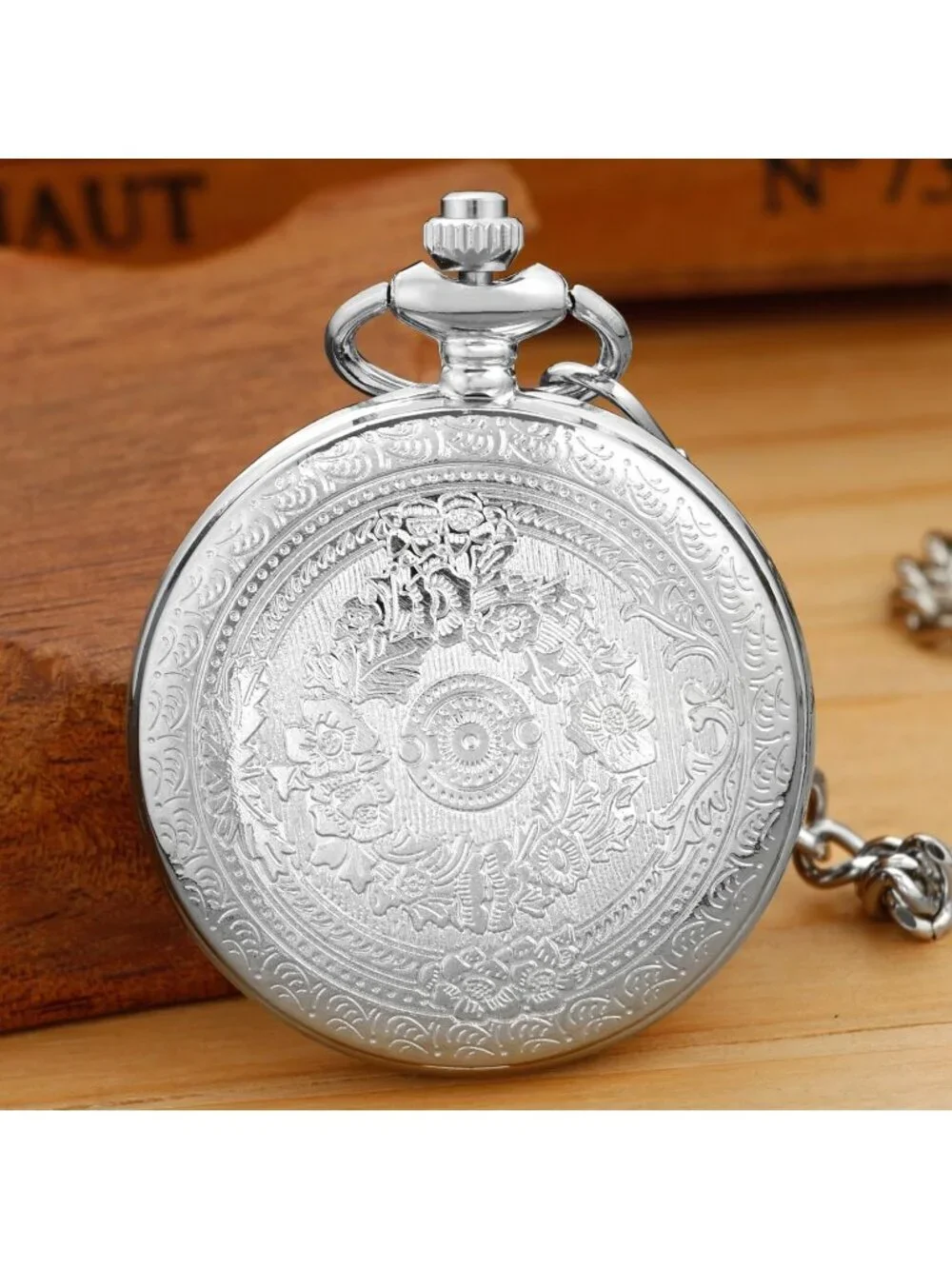 Men's Silver Analog Quartz Flower Arabic Numerals Movement Chain Pocket Watch